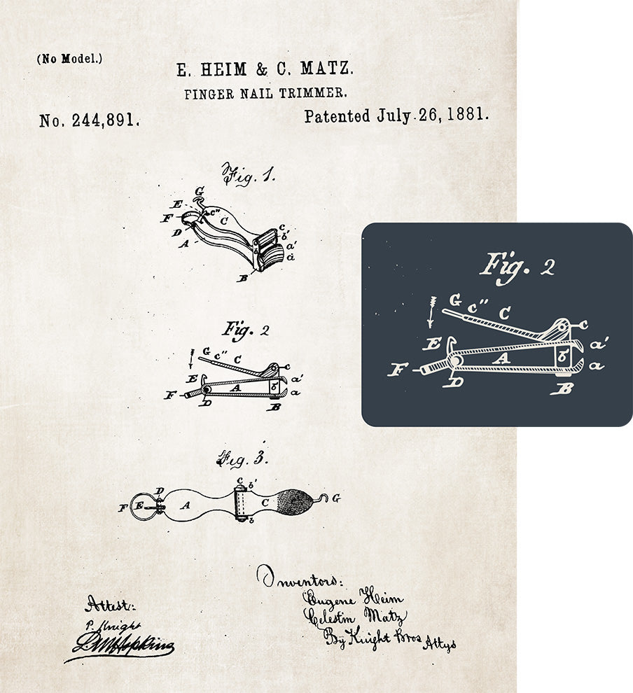 Historical 1881 patent for a nail clippers, illustrating the dated dual-jaw design of traditional clippers